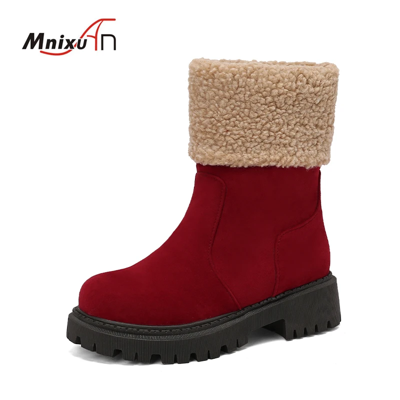 Winter Short Boots for Women New Keep Warm Fur Booties Comfort Cuffed Wool Ankle Boots Platform Chunky Middle Heels Cotton Shoes