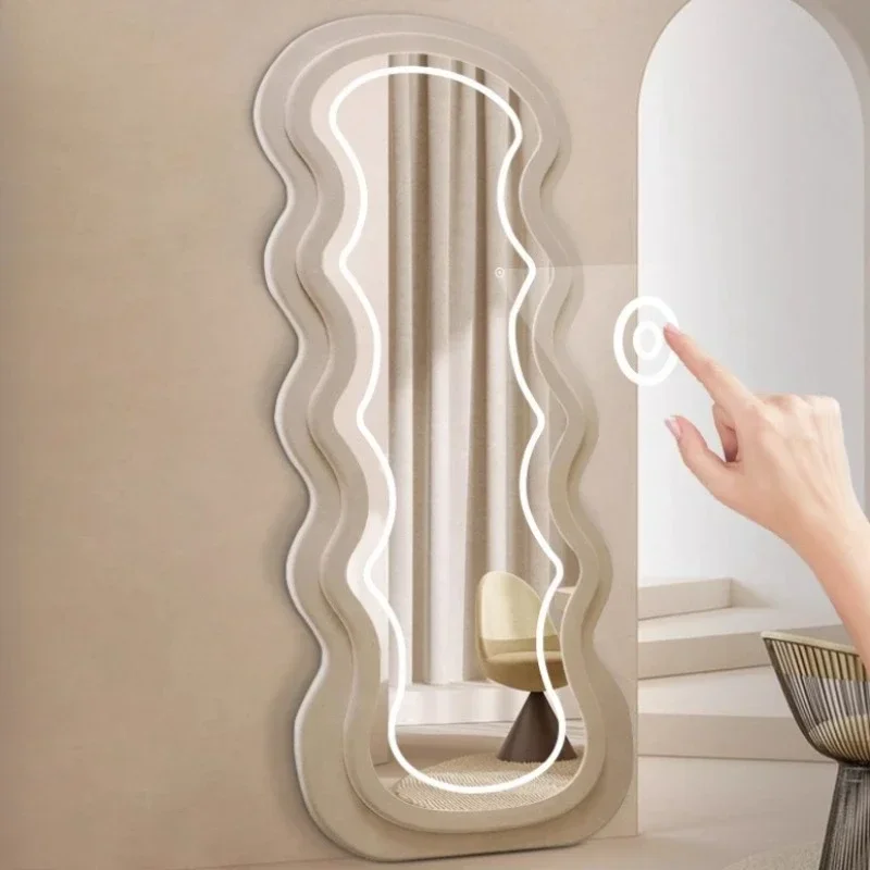 Room Decoration Home Modern Flannel Ground Large Floor Mirrors Full Body With Lamp Light Makeup Mirror Bathroom Mirror Decor