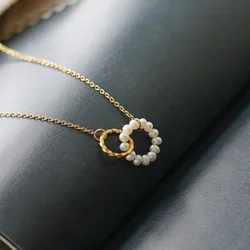 Stainless Steel Temperament Double Ring Pearl Pendant Necklace for Women Luxury Trendy Chain of Clavicle Jewelry Gift Colorfast