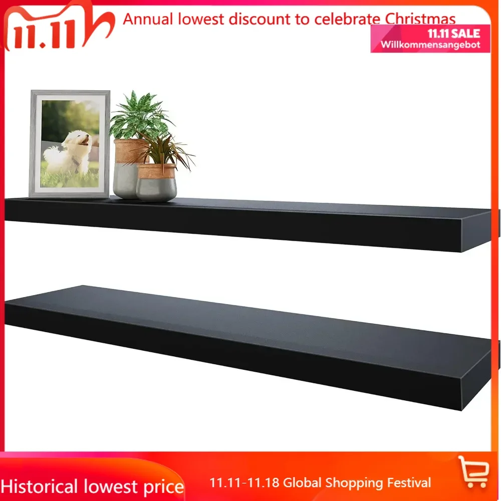 

Floating Shelves, 31W x 8D Black Wall Mounted Wooden Shelves with Invisible Brackets Set of 2, Hanging Wall Shelves Decor