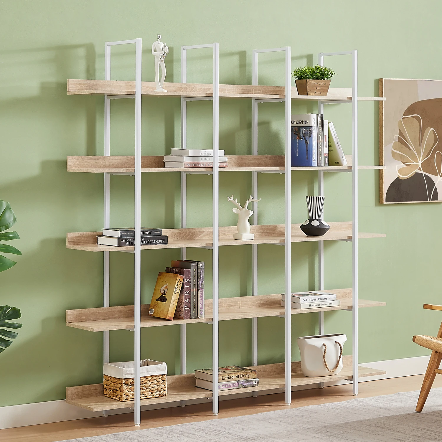 

5 Tier Industrial Style Bookshelf, MDF Board, Metal Frame, Oak - White