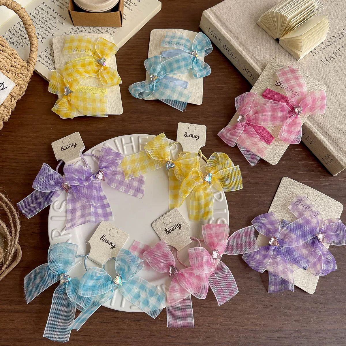2pcs Plaid Bow BB Clip Love Diamond Children's Hair Band Barrettes Headwear Hairpin Girls Hair Rope Rubber Band Hair Accessories