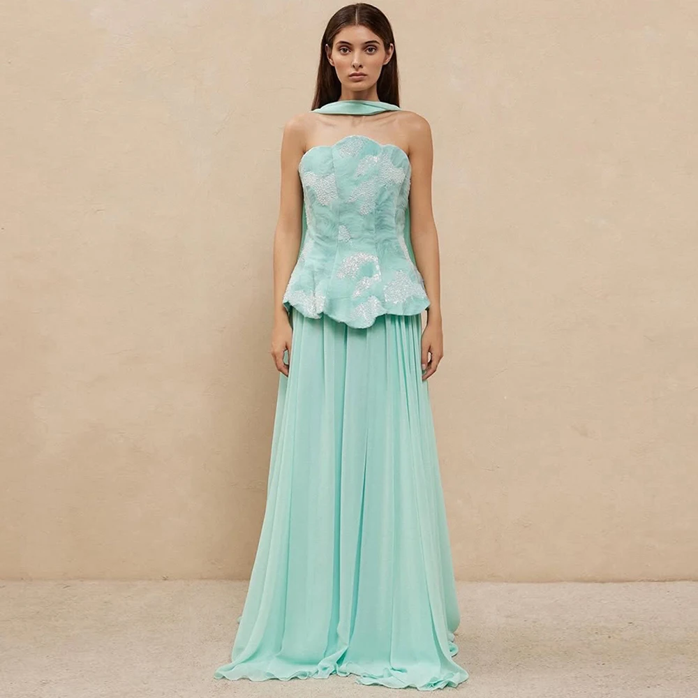 

Simple Chiffon Customized Evening Dress Exquisite Strapless Sleeveless Celebrity Gowns Sparkly Sequined Vestido De Festa