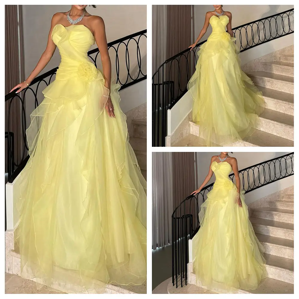 

customization Strapless A-Line Formal Evening Dresses Tiered Ruffles Backless Long organza Floor-Length Modern Prom Party Gown
