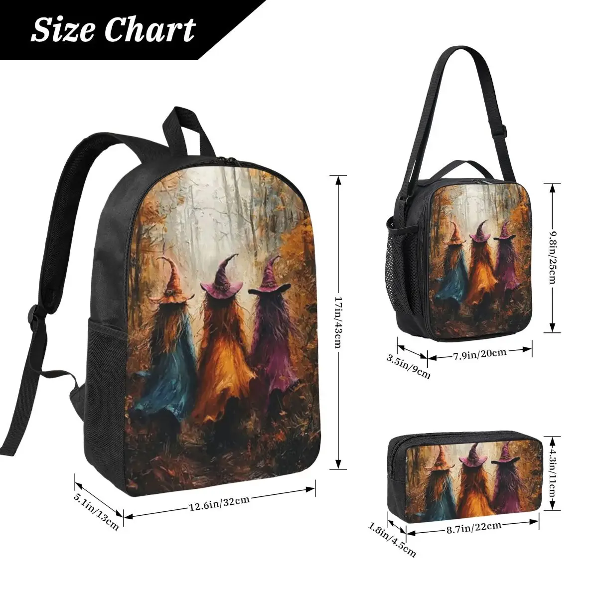 Autumn Forest Witches And Broomsticks Backpack Student BookBag School Bag Computer Shoulder Bags 3ps Lunch Bag Pencil Case