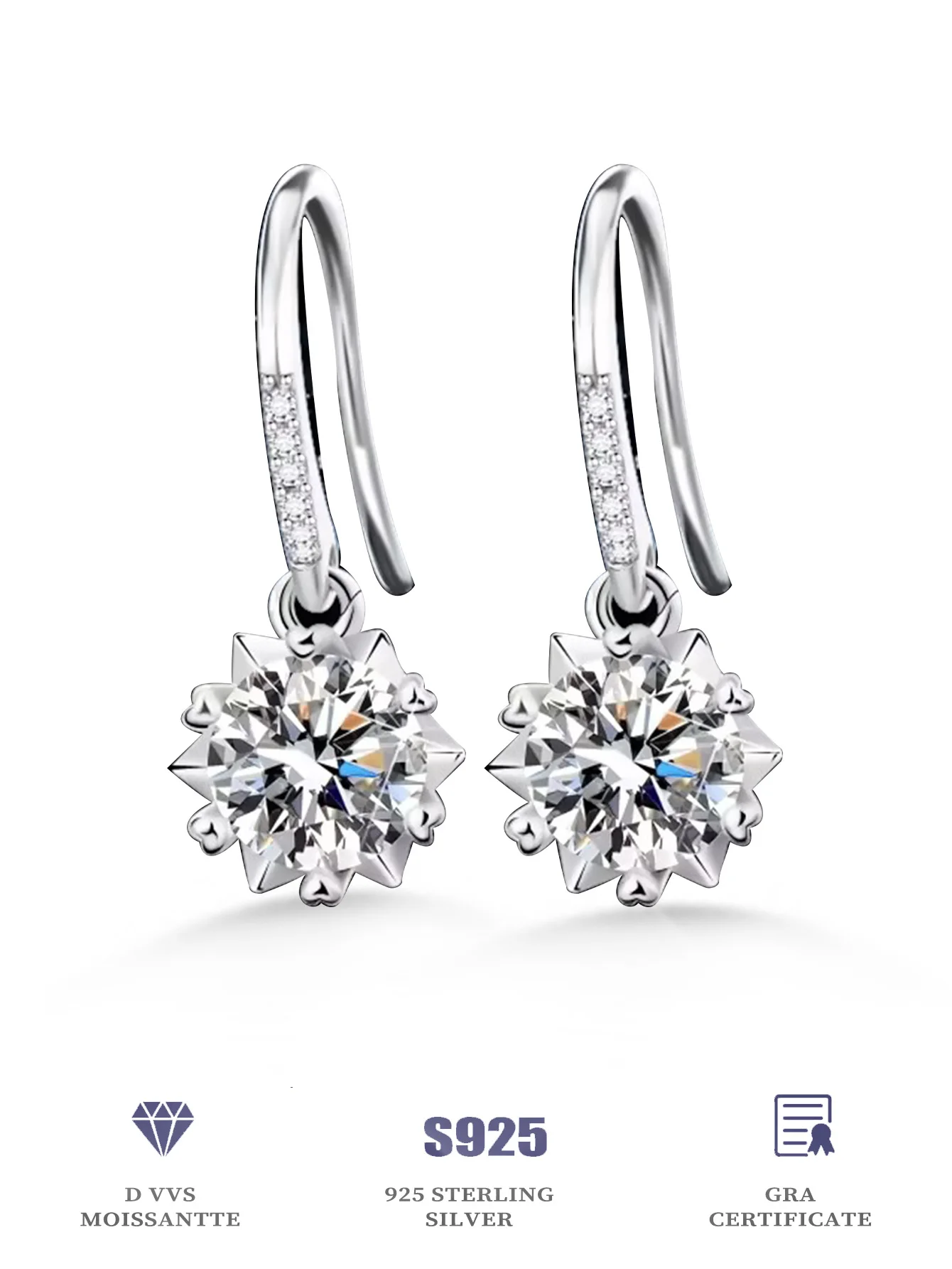 

Snowflake Earrings 6.5mm Round Moissanite Dangle Earring for Woman Engagement Elegant Woman's Jewelry