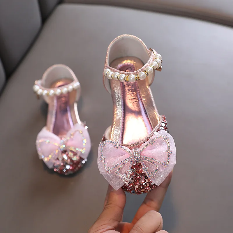 Girls Sequin Princess Shoes Fashion Summer Elegant Bow Childrens Shoes Student Party Kids Sandals H175