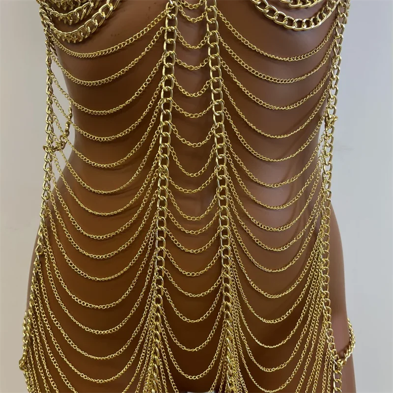 Damenkleid Gold Ganzkörper-Kettenkleid Sexy Neckholder-BH Körperketten-Set Nachtclub Party Bikini Cover-Up Schmuck Damenbekleidung – Detail 11