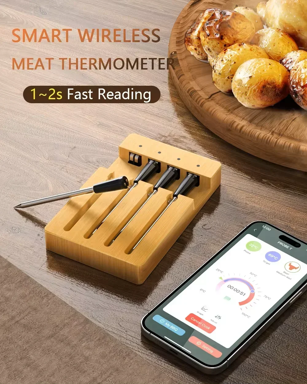 Long Range Remote Monitoring Bluetooth Wireless Grill Bbq Meat Thermometer With 4 Ultra-Thin Probes Food Cooking Thermometer