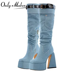 Onlymaker Square Toe Denim Chunky Heel Platform Boots Thick High Heels Fashion Zip Fashion Big Size Punk Booties