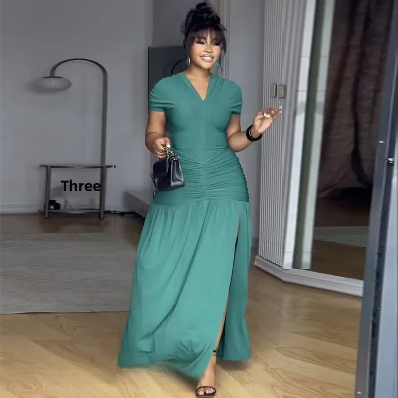 

Faionable V-ne Slit Dr Women's New Sle Ele Waist-cinching Pleated Dr Deep V-Ne Long A-line Skirt Dr