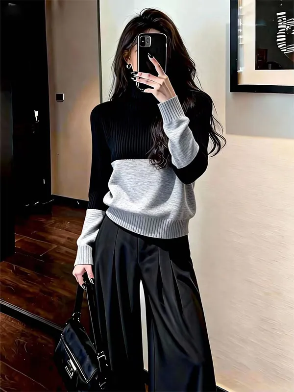 Korean Winter Wear 2026 Super Fire Atmosphere High Collar Color Matching Cashmere Women's Knitwear Temperament