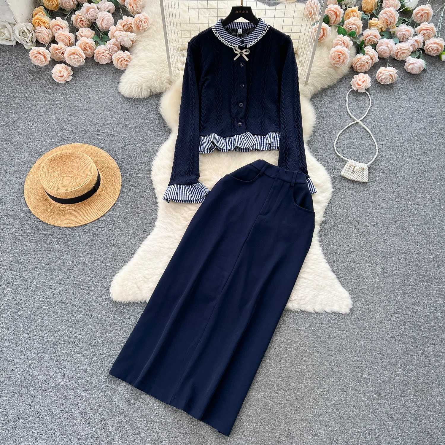 Chic Women Two-Piece Sets Vintage Single Breasted Butterfly Ear Fungus Edge Spliced Top High Waist Skirt High Street Clothing