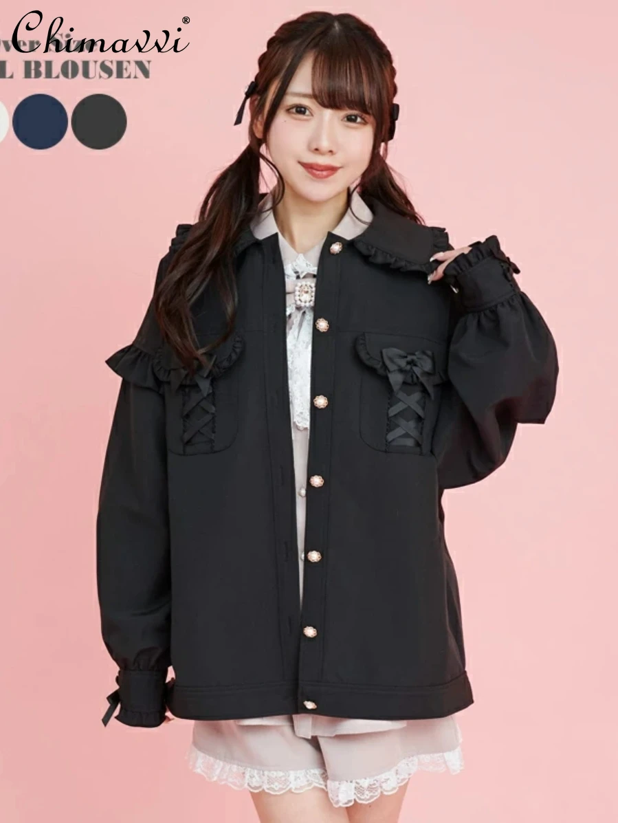 

New Women's Jacket Loose Student Pure Color Japanese Style Lace Up Bow Coat 2024 Spring and Autumn New Lolita Y2k Jackets