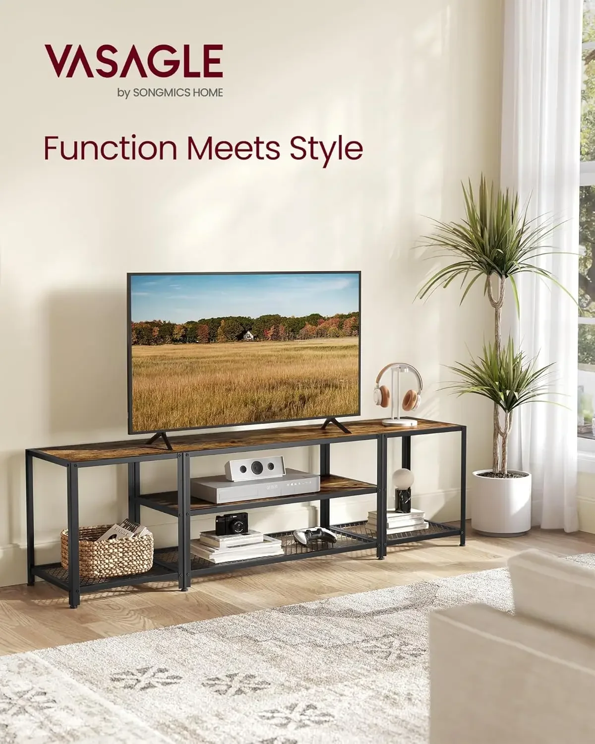 

Modern TV Stand for TVs up to 75 Inches, 3-Tier Entertainment Center, Industrial TV Console Table with Open Storage Shelves