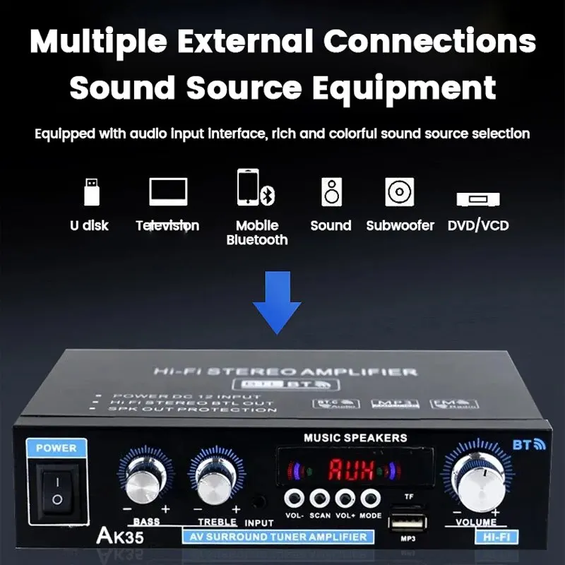 AK35 800W Home Power Amplifiers 2 Channel Bluetooth 5.0 Surround Sound FM USB Remote Control Mini HIFI Digital Amplifier Stereo