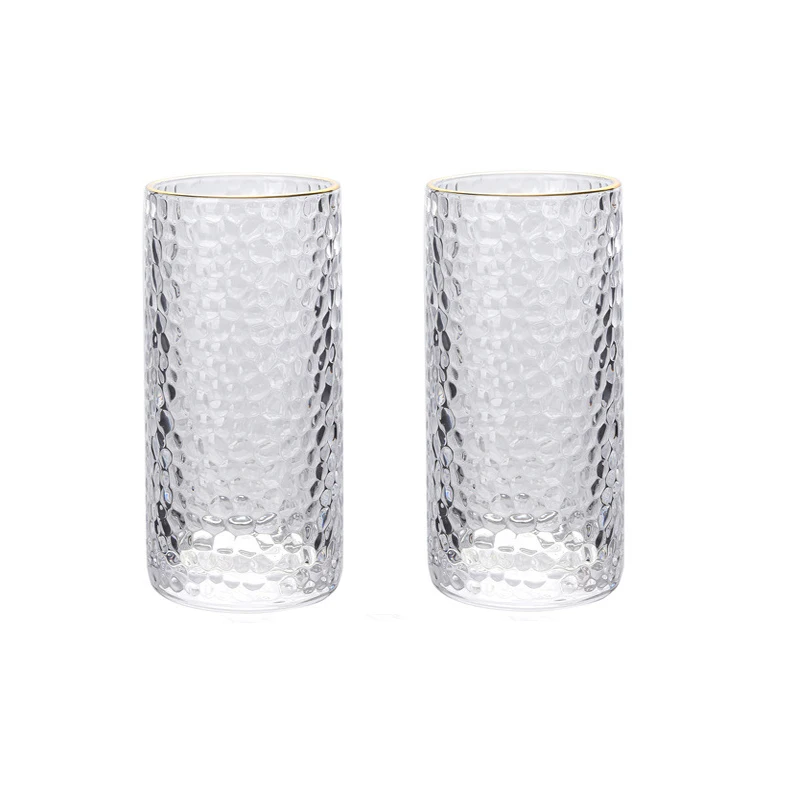 2pcs Set 11oz 320ml Japanese Style Gold Edged Hammer Patterned Glass Water Cup Transparent Household Fruit Juice Tea Drinkware