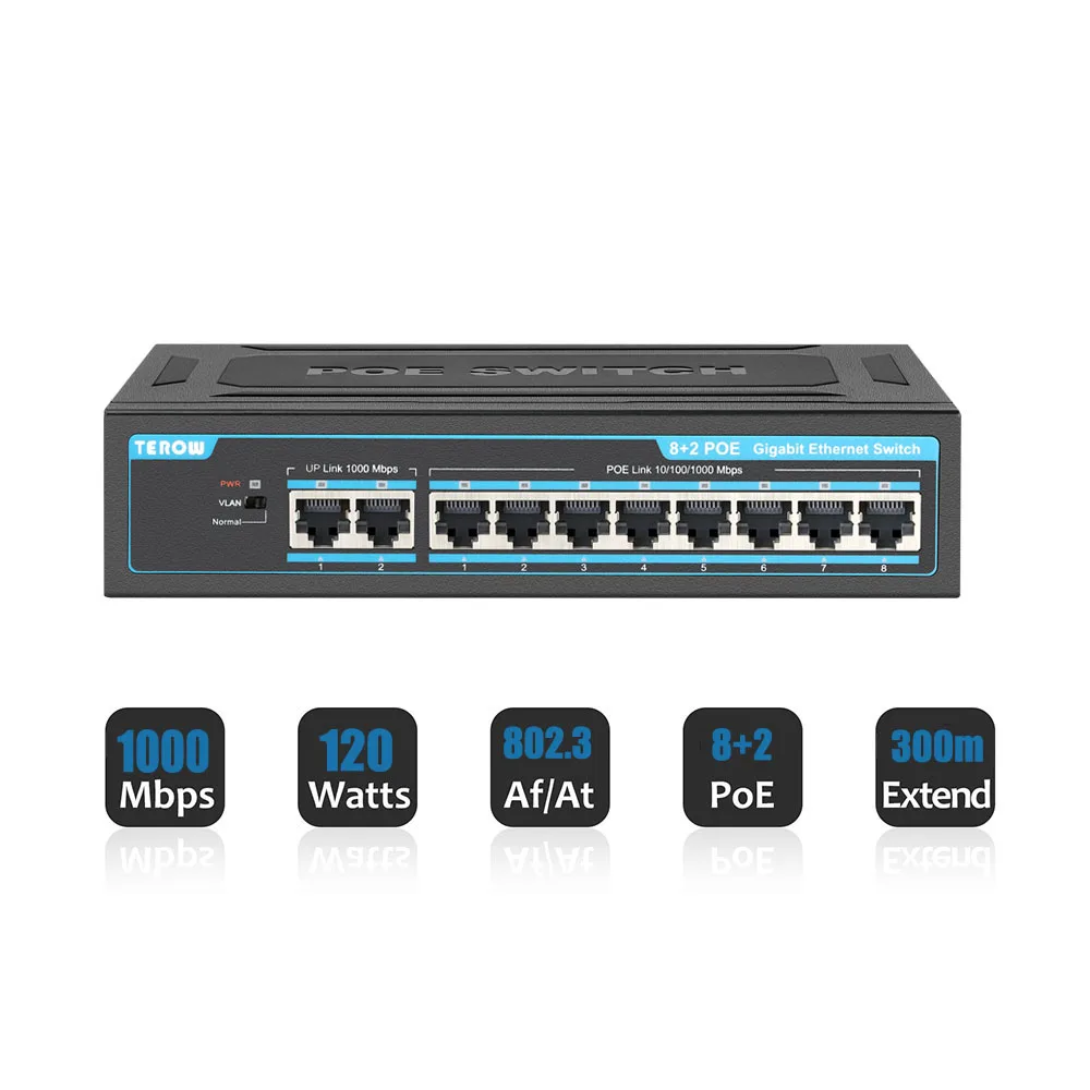 TEROW 기가비트 POE 스위치, IP 카메라, 무선 AP, 카메라용 네트워크 이더넷 스위치, 10 포트, 1000Mbps, 8 PoE + 2 업 링크