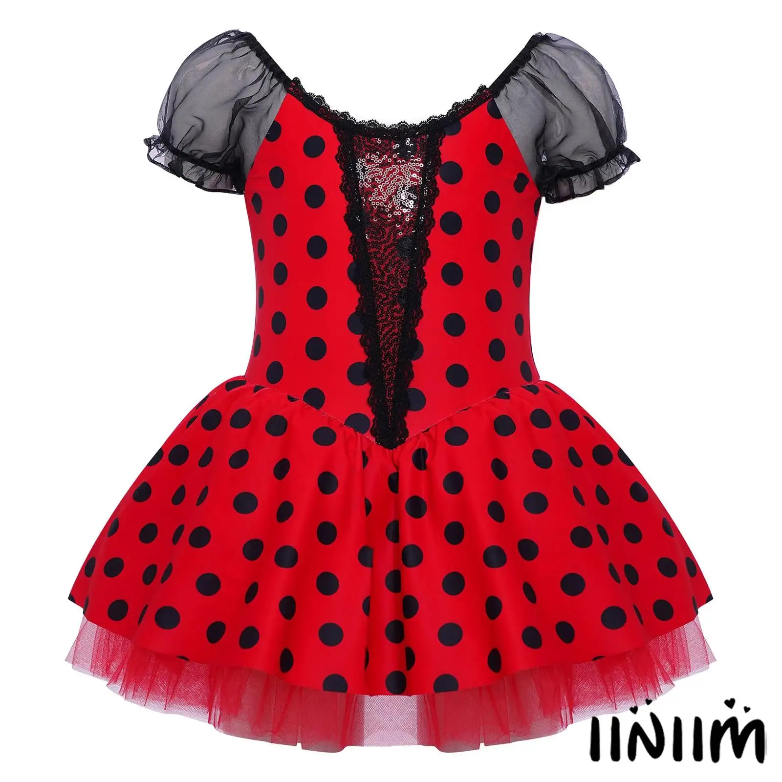 

Kids Girls Ballet Dance Performance Costume Short Puff Sleeves Shiny Sequins Color Block Dots Tutu Dress with Built-in Briefs