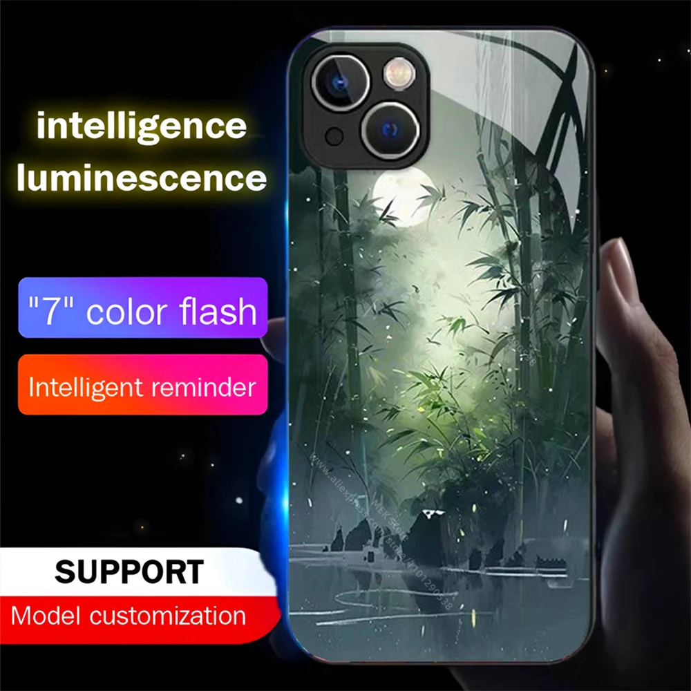 Moonlit Bamboo Grove LED Light Phone Case Glitter Shockproof Cover For iPhone 16 15 14 13 12 11 Pro Max X XS XR Plus SE