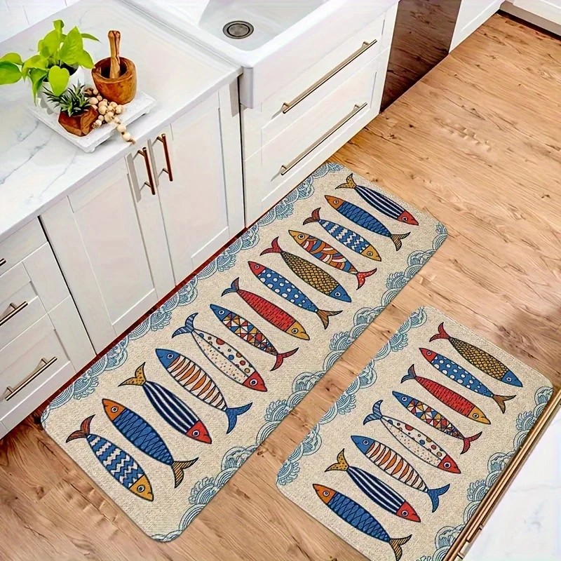 Farmhouse Fish Print Kitchen Mat, Bohemian Vintage Non-Slip Flannel Rug for Rustic Kitchen Hallway Floor Decor
