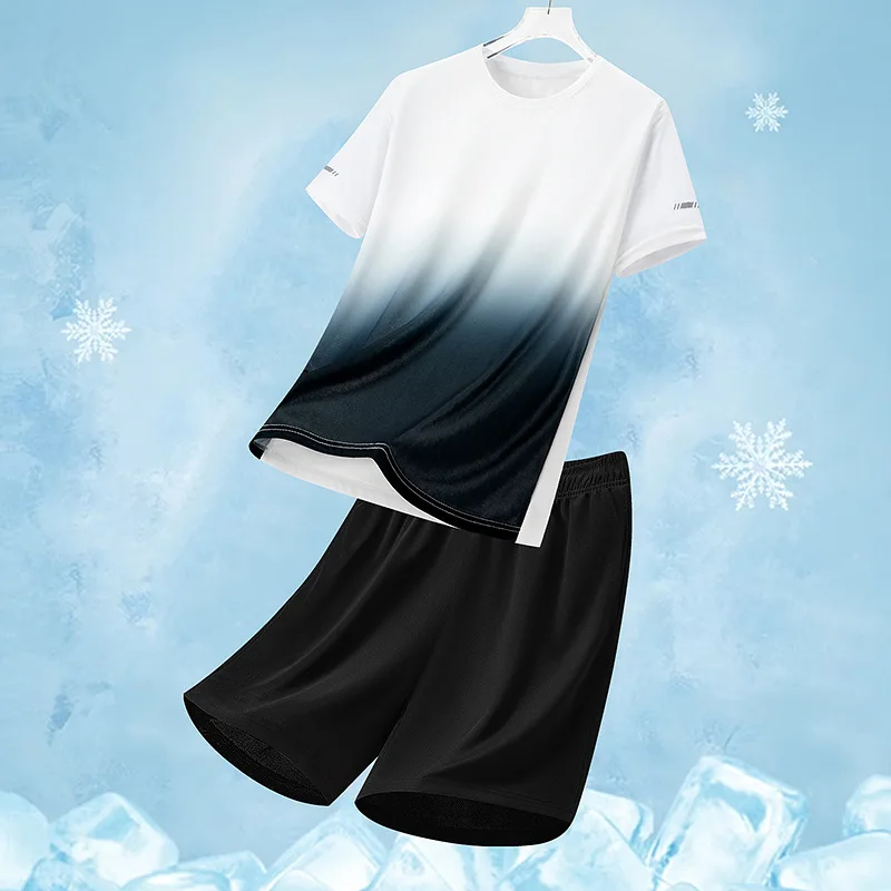 Men's Summer Casual 2 Piece Outfits Gradient Print Loose Fit Quick Dry Breathable Short Sleeve T Shirt Shorts for Gym Running