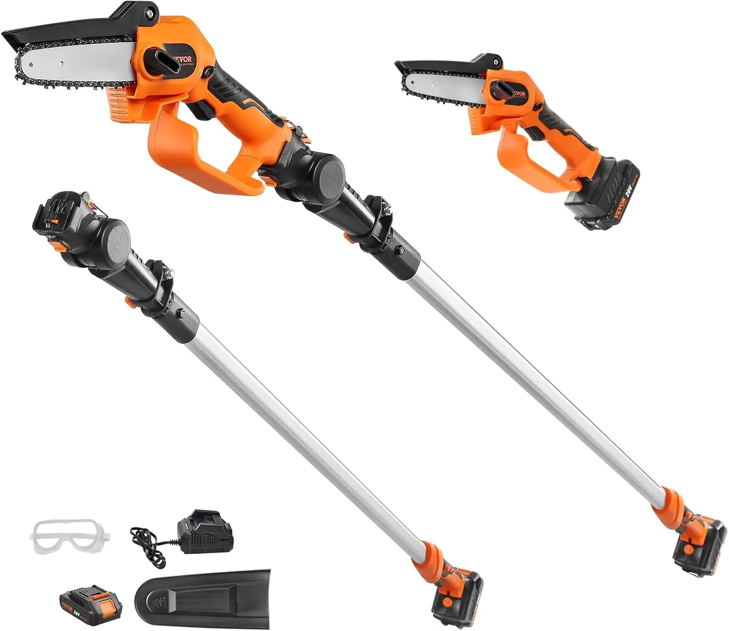 Scie à perche et mini tronçonneuse sans fil 2 en 1, tronçonneuse à perche à batterie 20 V 2 Ah, capacité de coupe de 5", portée de 8 pieds pour coupe de branches