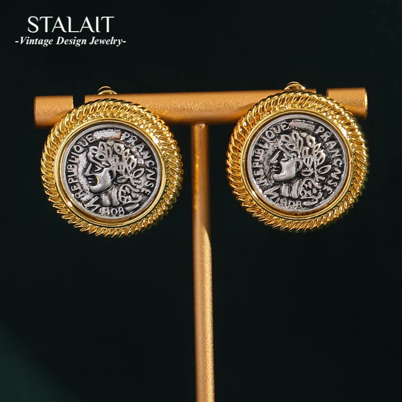 

Vintage Antique Jewelry Two Tone Gold Color Head Carving Round Coins Stud Earrings for Women Jewelry Retro Luxury 2024