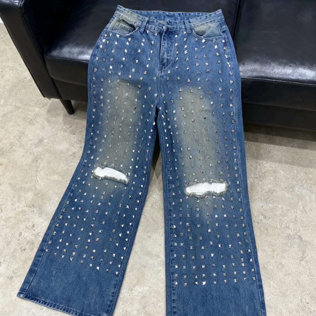 Damskie jeansy w stylu retro z wysokim stanem, ćwiekami, prostym krojem, luźne, wyszczuplające, z szerokimi nogawkami, spodnie do ziemi, styl high-street.