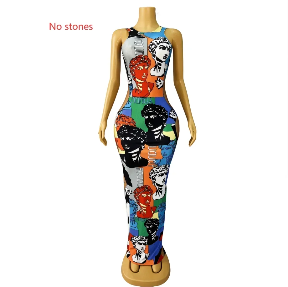 Cute Summer Colorful Rhinestones Spandex Stretch Celebrate Face Pattern Dress Outfit Party Singer Collection Birthday Costume PO