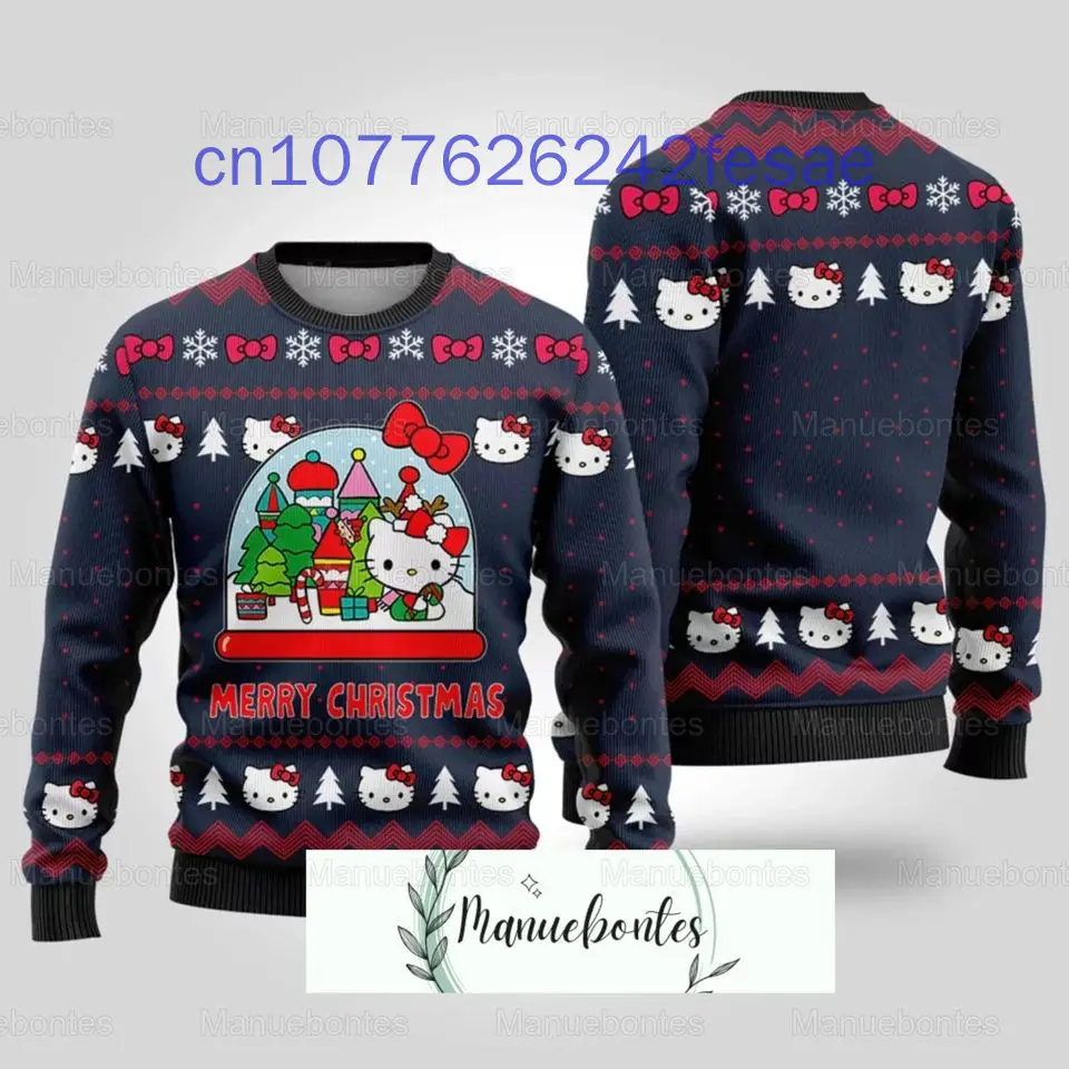 Pull de Noël imprimé Hello Kitty 3D pour hommes et femmes, pull à manches longues, col rond, décontracté, rue, Y2K, nouveau