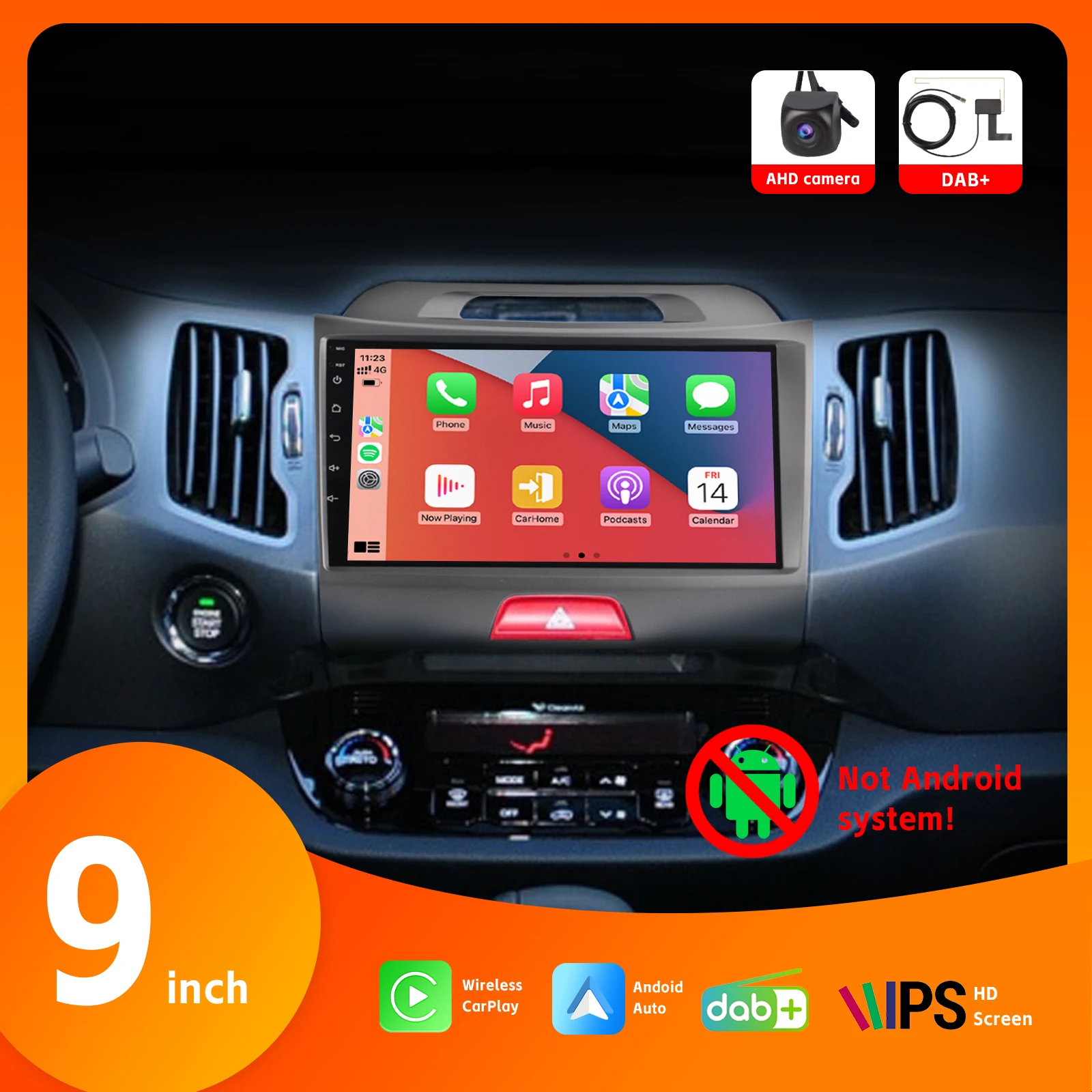 

9" IPS Touch Screen Car Radio with DAB+ Wireless Carplay SWC BT Android Auto AHD Rear View Camera for Kia Sportage R 2011-2016