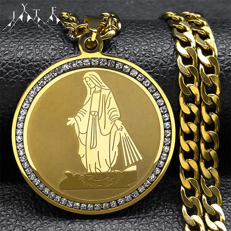 

Virgin Mary Medal Hip Hop Big Pendant Men's Necklace Women Stainless Steel Gold Color Cuban Long Chain Necklaces Jewelry NZZZ480