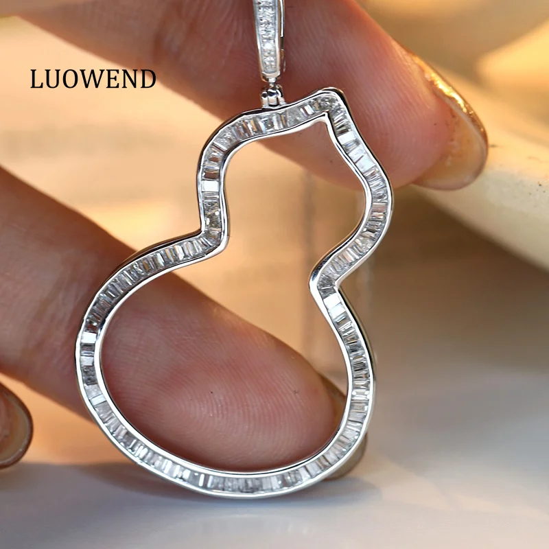 LUOWEND 100% 18K White Gold Necklace Large Size Gourd Shape Pendant Luxury 1.10carat Real Natural Diamond Necklace for Women