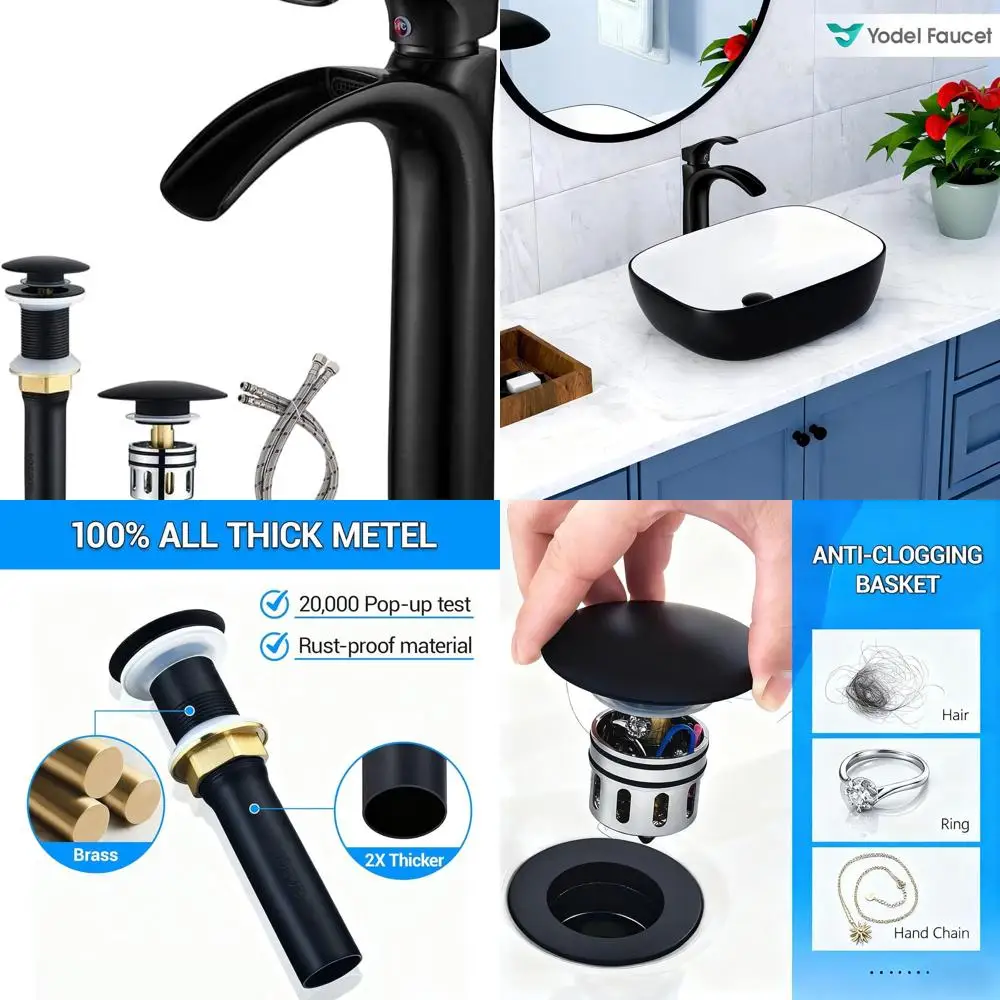 

Modern Black Vessel Sink Faucet with Waterfall Flow, Single Hole, Metal Hair Strainer, and Pop-Up Drain for Vanity Lavatories