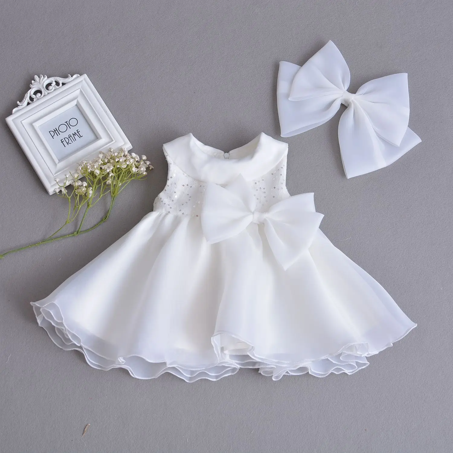 Fashion Party Wear Infant Toddler Baby Girls Clothes RBF174008 0-24 Month Baby Girl Dresses White Big Bow Baby Vestido