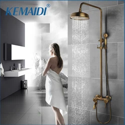 KEMAIDI Antique Brass Rainfall Bathroom Shower Set Shower Hand And Round Shower Hand Mixer Taps Double Handles Bathroom Combo