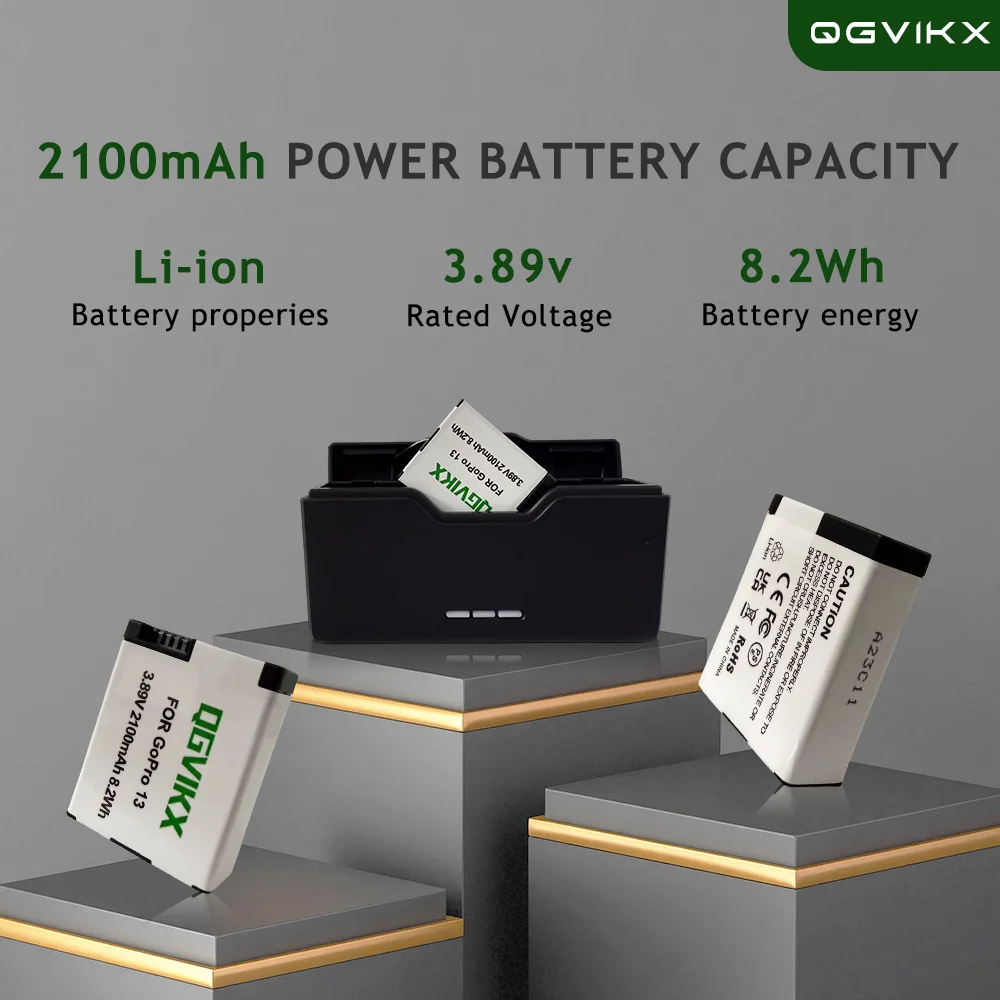 GoPro Hero 13 Battery for Li-ionBattery Properies Batteries and 3-Channel Upgraded Type-C Fast Charger 2100mAh 3.89v Voltage