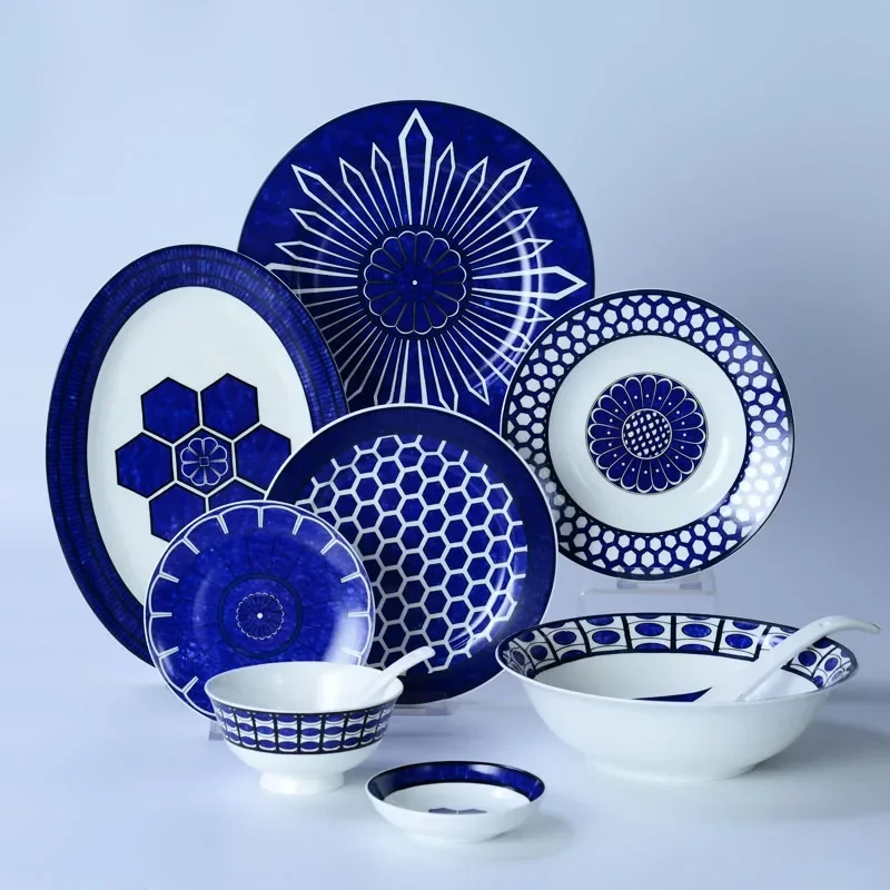 

Luxury Style Single Dinner set, Christmas Salad Plate, Blue Series Soup Bowl, Bone China Cutlery And Spoon