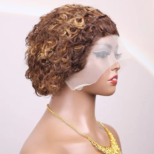 Imagen 2 del producto Peluca corta esponjosa brasileña 13x1, peluca con borde frontal, amarillo jengibre, peluca corta rizada esponjosa Remy, estilo elfo,