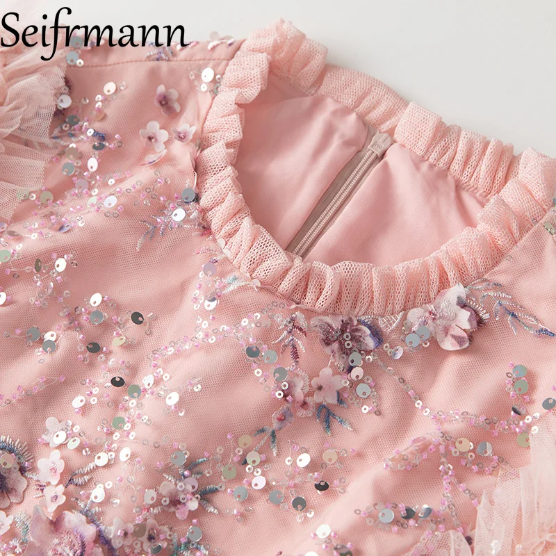 Seifrmann 2026 lente dames nieuwe modieuze ronde hals lange mouw pailletten splicing mesh taille cinching jurk