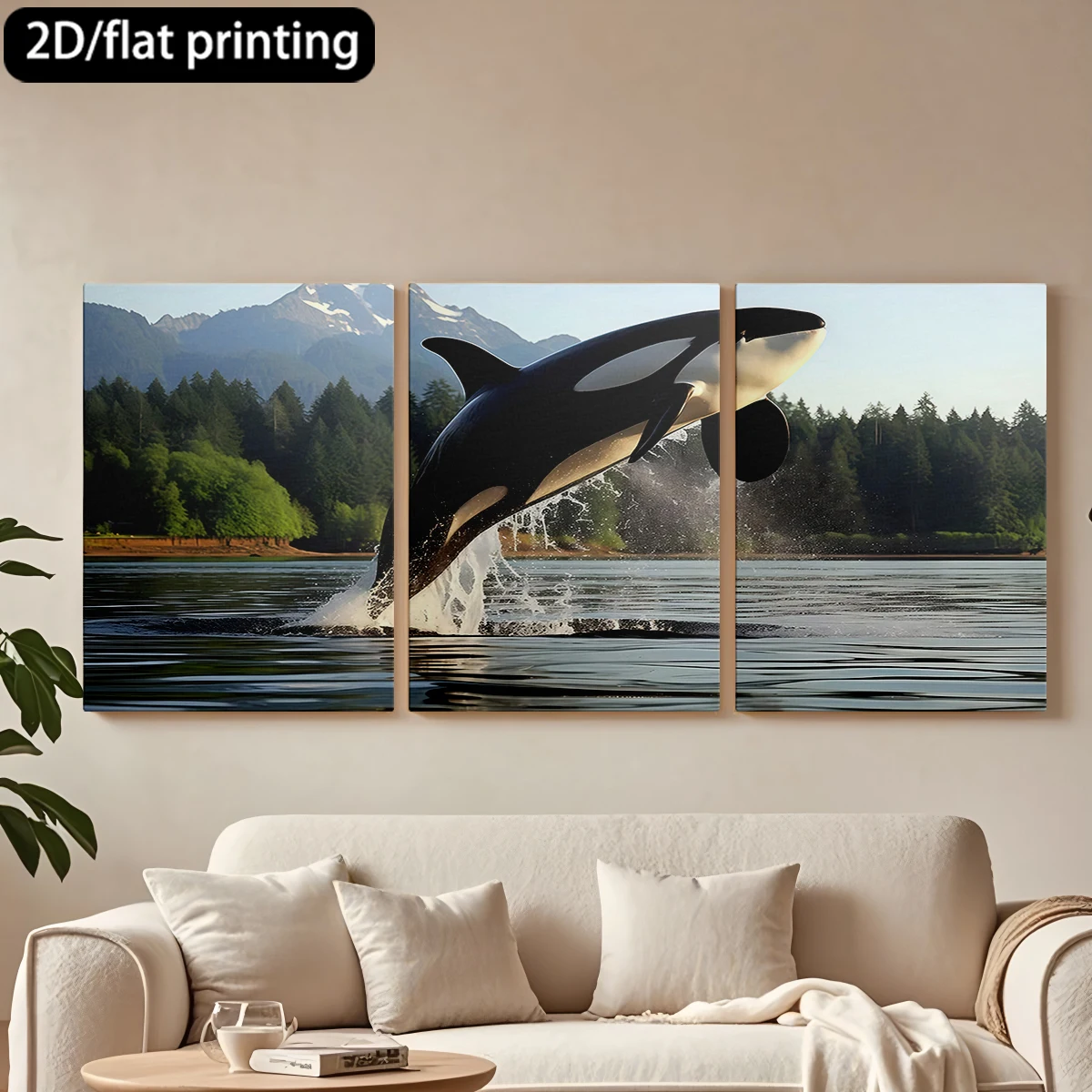 

2D плоская печать, 3-х частная декоративная картина на холсте в деревянной раме: Орка, прыгающая из воды. Декор для коридора и спальни.