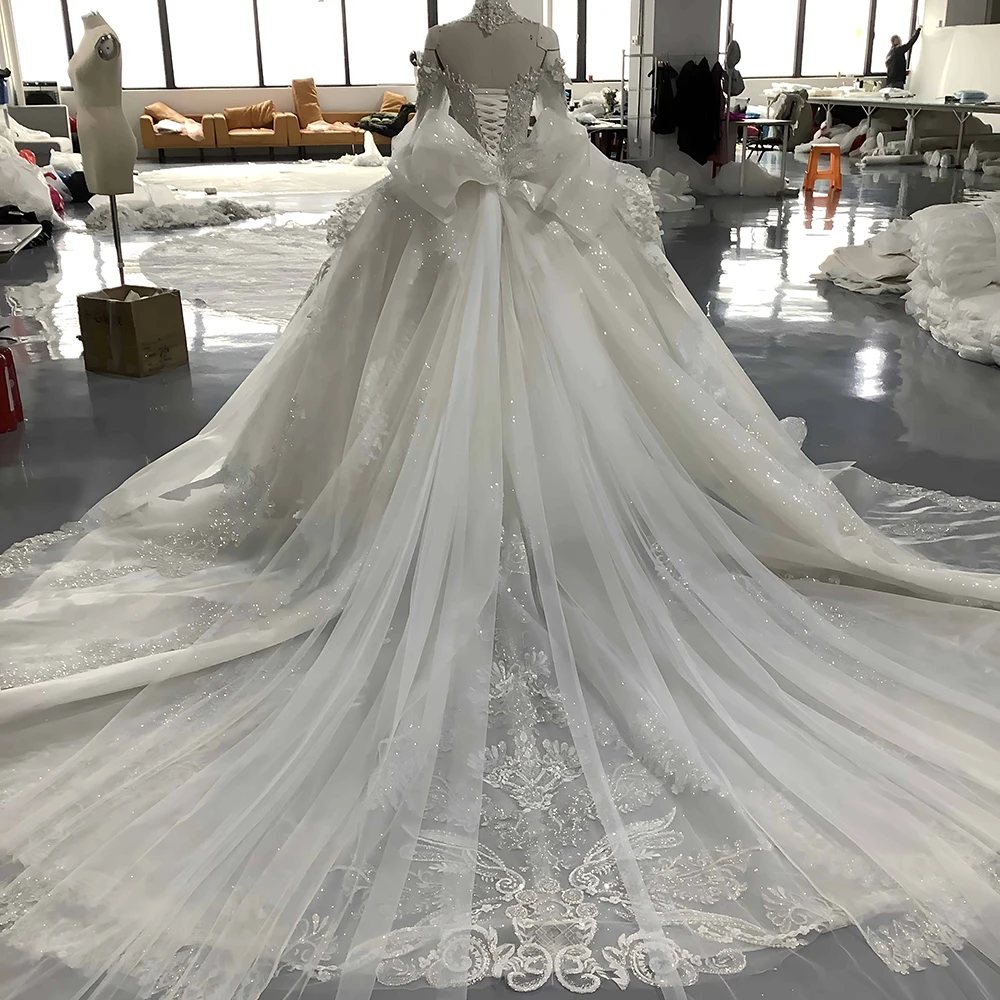 Vestido de novia con hombros descubiertos, elegante, con cuentas y lentejuelas, lujoso, hasta el suelo, 2024