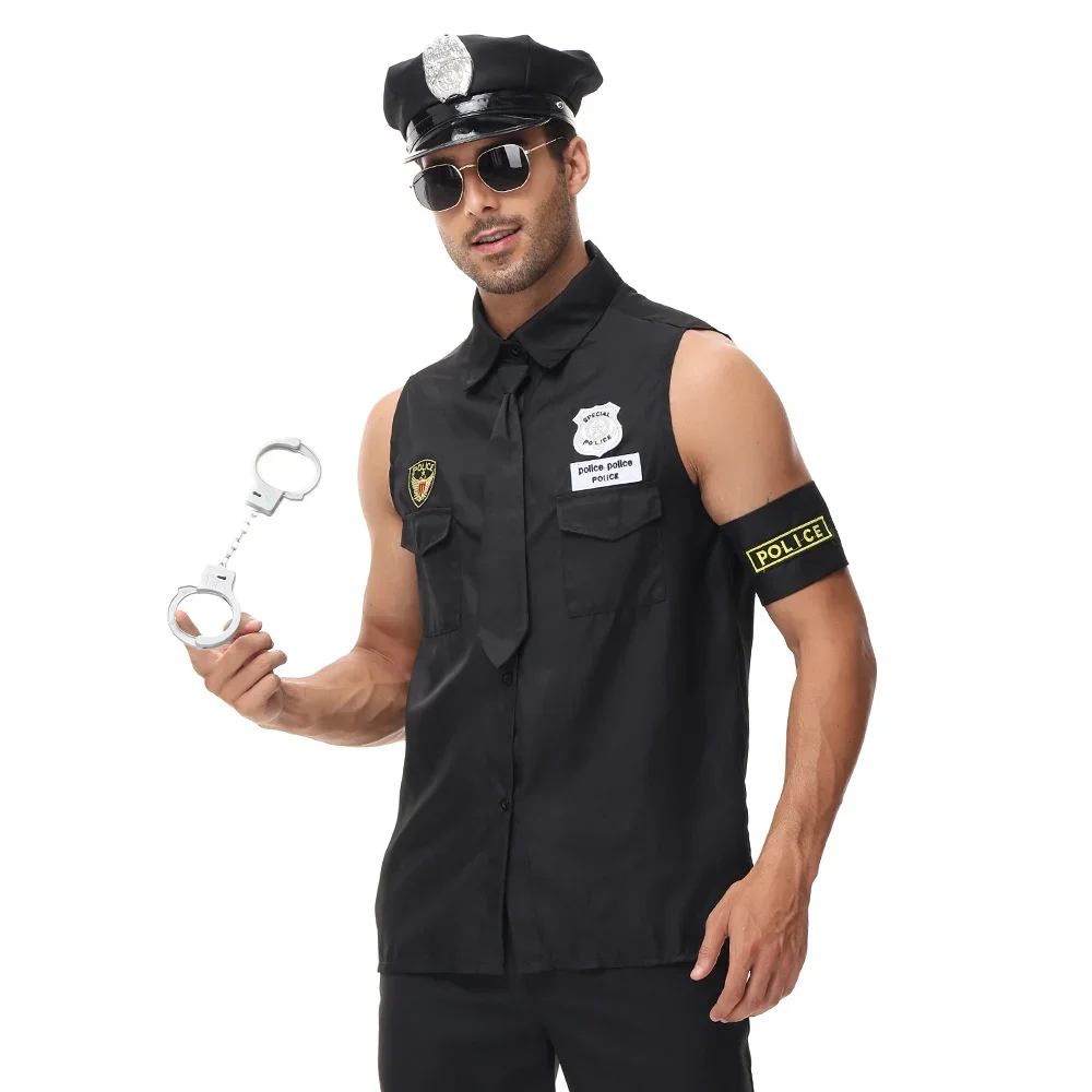 Men Police Costumes Halloween Purim Carnival Party Cosplay Policeman Cop Officer Shirt Uniform Fancy Set