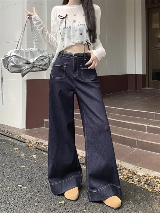 Deep Blue High Waist Loose Women's Denim Pants Spring 2026 New Style Vintage Wide Leg Jeans Casual Comfortable Fit