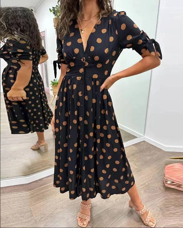 

Dress Women Dresses V Neck Short Sleeve Long Knee Length Vestidos Dot Sexy Loose Spliced 2025 Summer A Line High Waist Beach