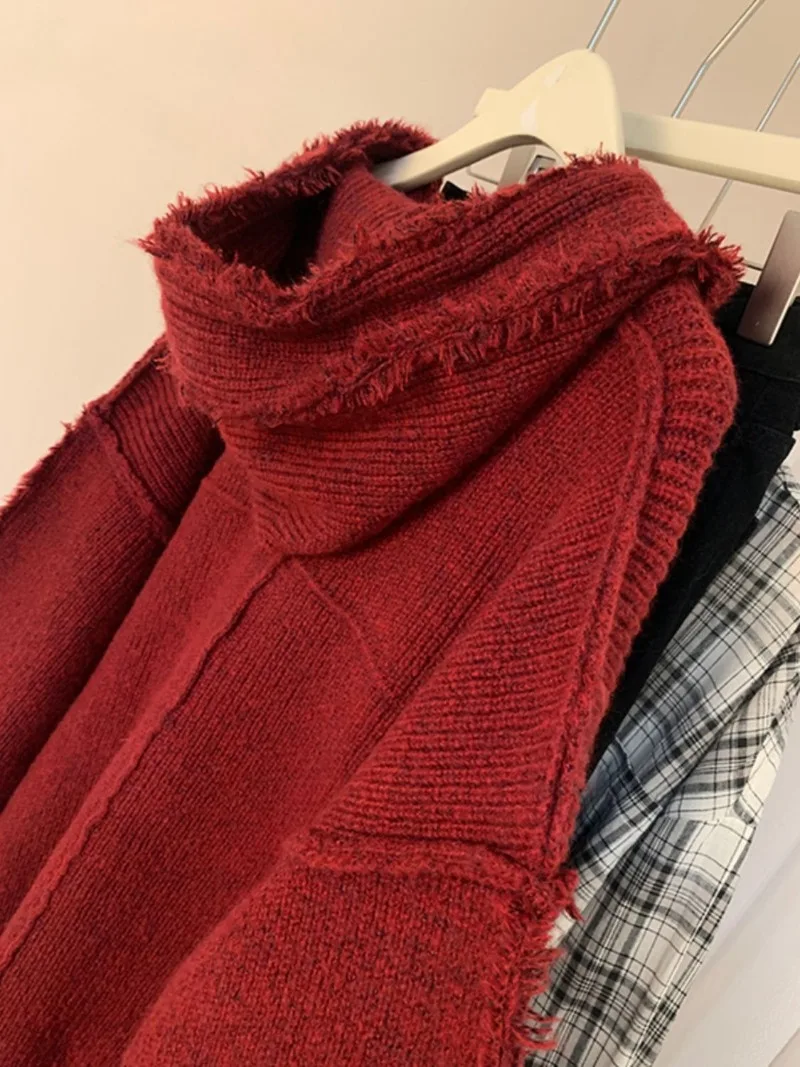 Shpmishal Korean Red Tassel Lazy Hooded Sweater Women's Knitted Sweater Autumn and Winter New Loose Casual Top Female Clothing