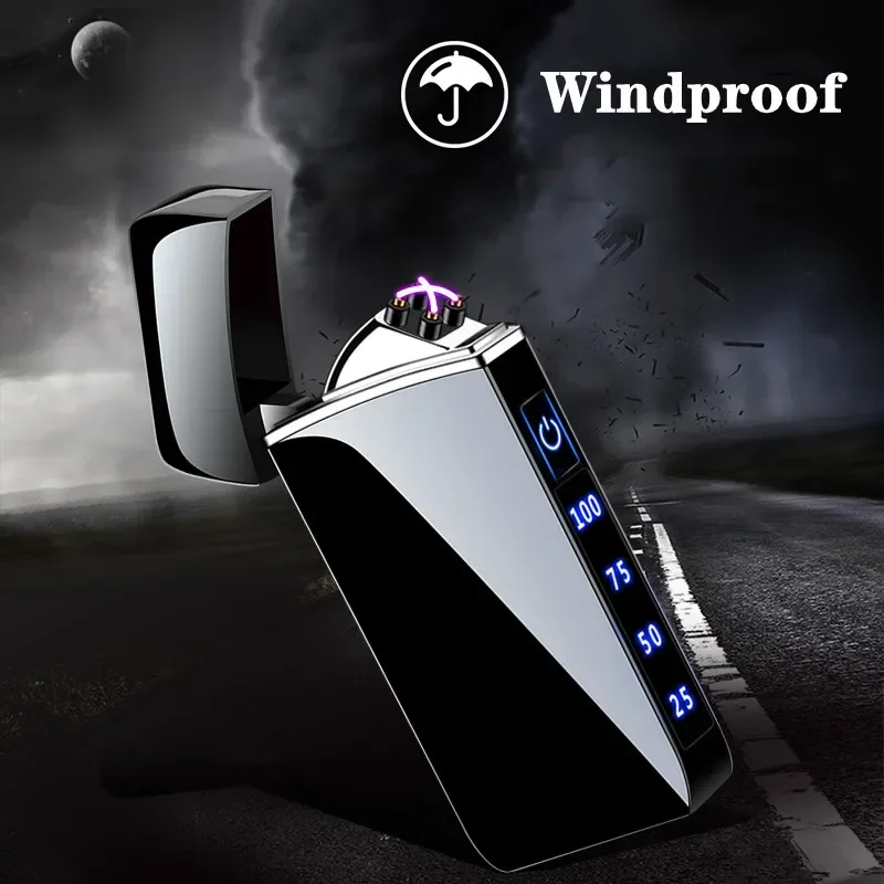 Touch Sensing Metal Electric Outdoor Windproof Lighter Dual Arc Flameless Plasma USB Rechargeable Lighters Digital Power Display