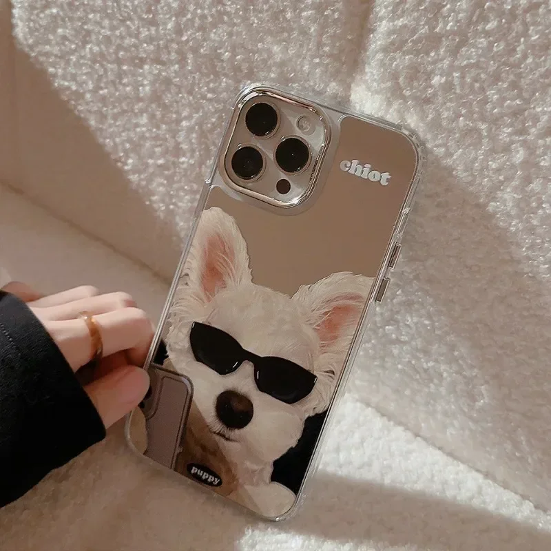 Adequado para iphone 15 14 13 12 pro max criatividade personalizado moda bonito gatinho e filhote de cachorro reflexivo volta acrílico caso de telefone