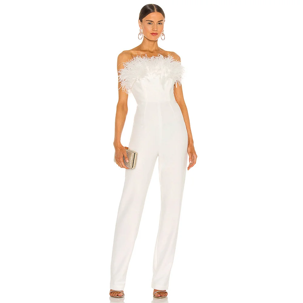 

European And American New Women White Jumpsuit Feather Wrapped Chest Sexy Slim Waist One-piece Trousers For Ladies